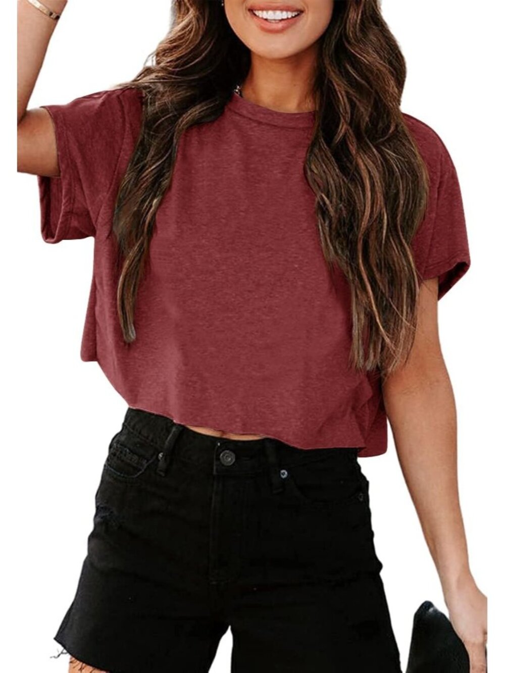 Women's Wine Red Short Sleeve Crew Neck Loose Casual Drop Shoulder Crop Tops